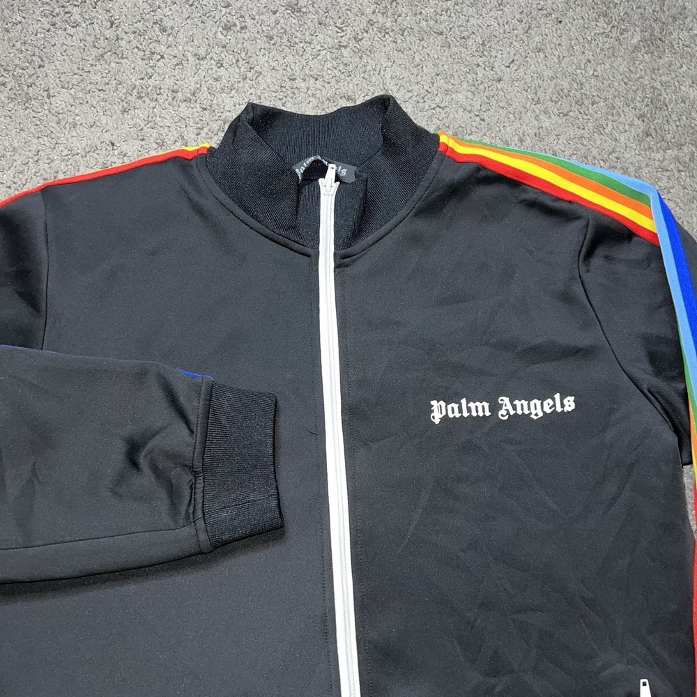 Palm Angels Rainbow Track Jacket Mens Medium Black Striped Sleeves Full Zip Logo